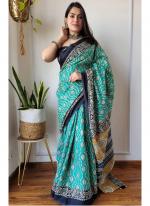 Soft Linen Teal Casual Wear Printed Saree